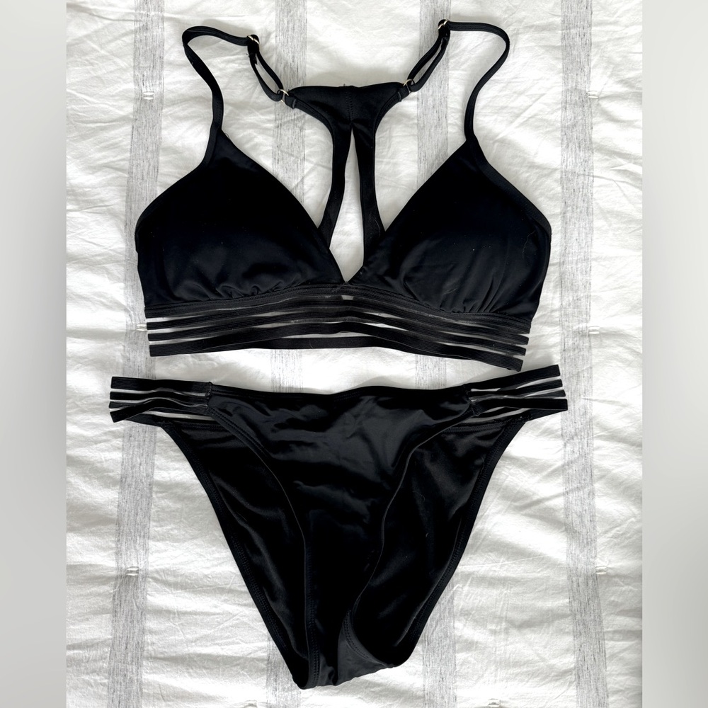 La Vie en Rose swim edition black bikini with strip mesh details.